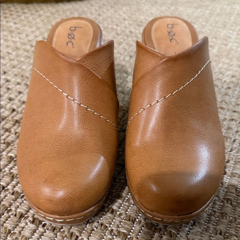 b.o.c. Tan Leather Slip-On Clogs with Stitch Detail